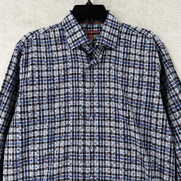 Luchiano Visconti Black Mens Shirt‎ MEDIUM Blue Plaid Geometric Button Up - Picture 3 of 15